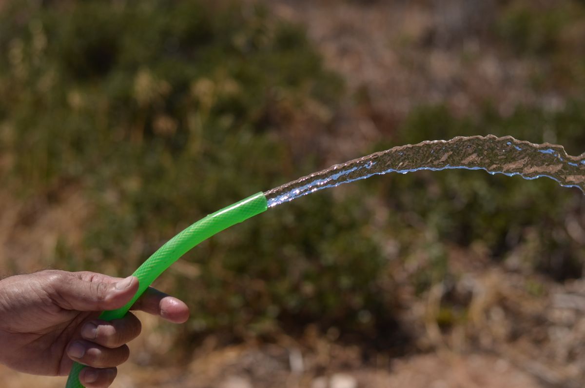 Hand holding a green hose with a steady stream of water arcing out of it, the kind of continuous flow a stuck water softener sends down its drain line