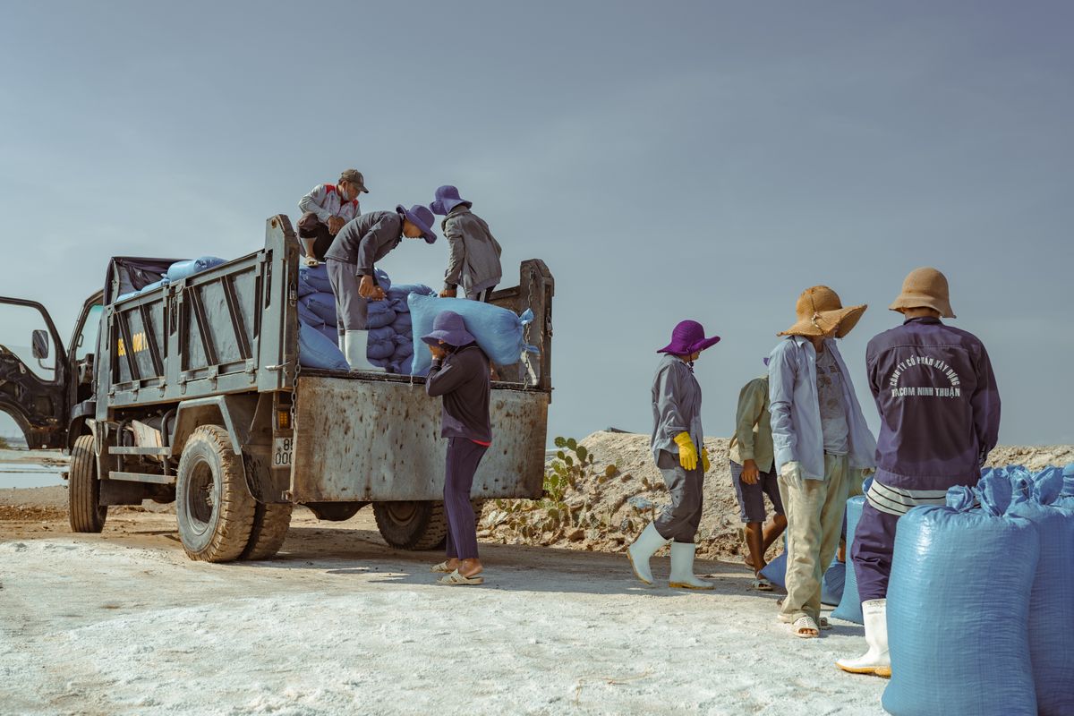 Workers loading blue sacks of salt onto a truck at a salt works, the bulk stage before salt is sold by the bag
