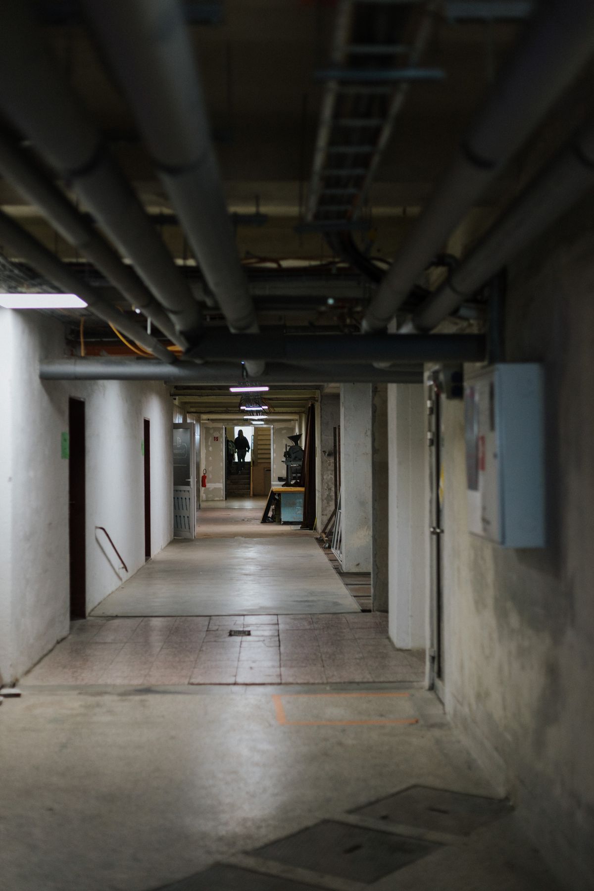 Dimly lit basement corridor lined with overhead piping, the typical location where a brine tank sits and where its salt level goes unchecked for months