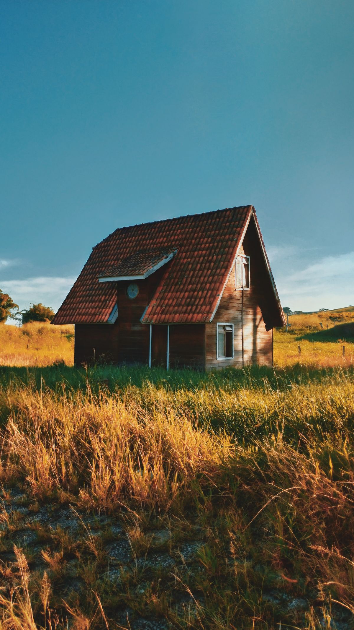 Small wooden house with a red tiled roof standing alone in long golden grass under a clear sky, a rural property where a well water treatment train sits in the utility room