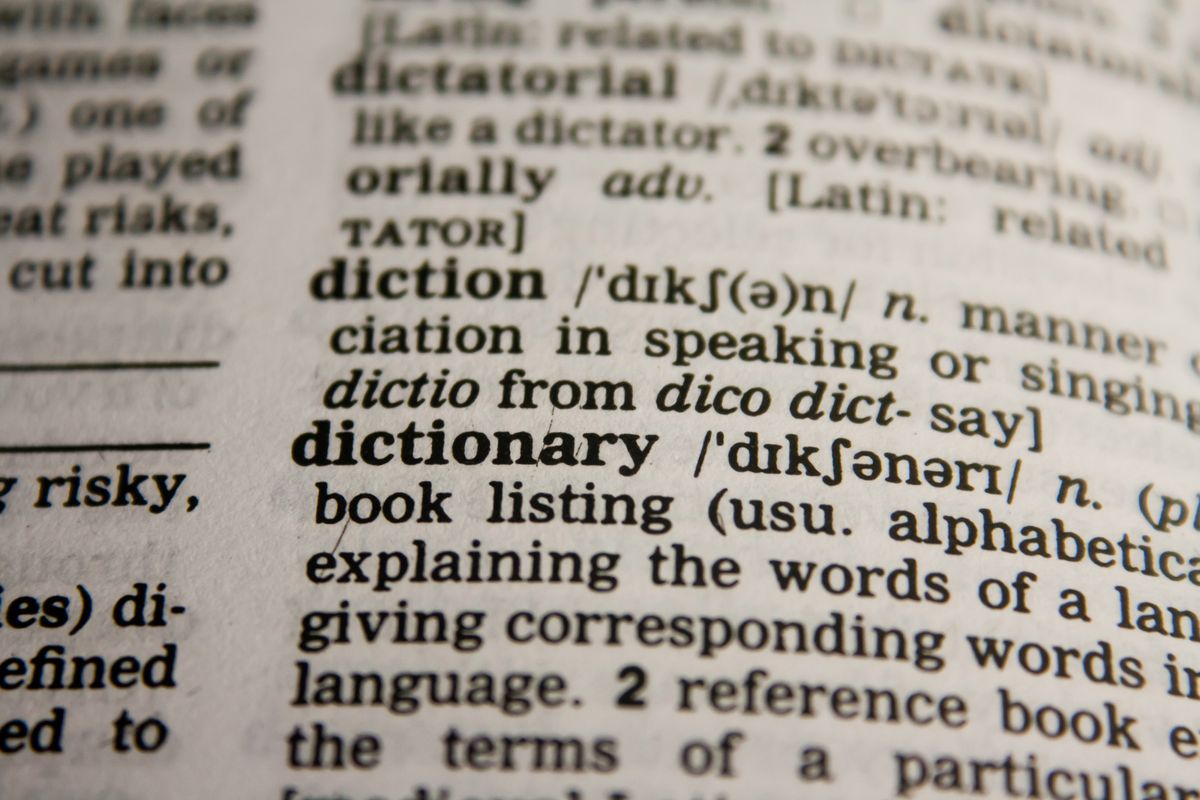 Close-up of a printed dictionary page showing the entry for the word dictionary and its definition