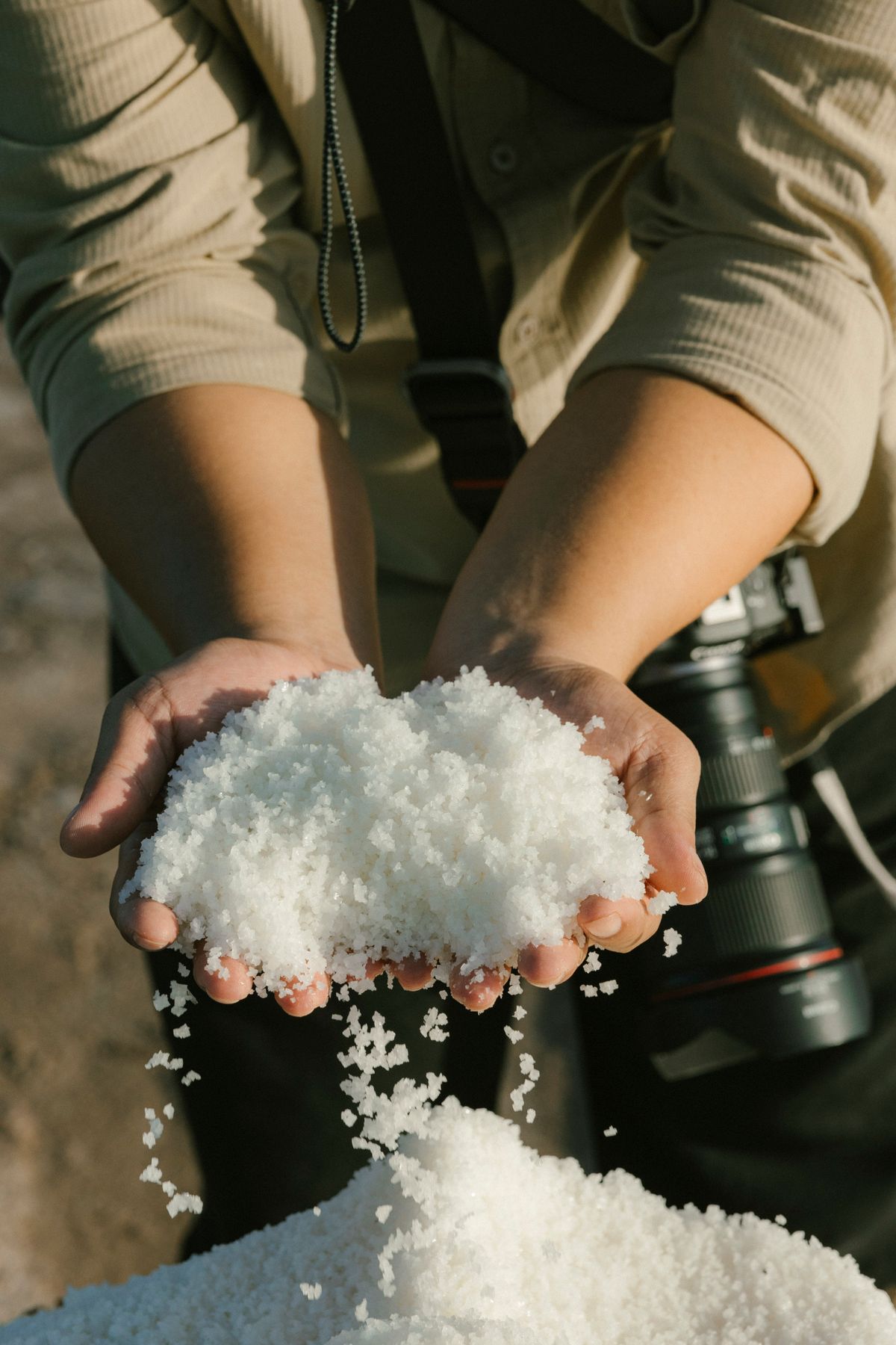 Hands holding a heap of coarse white salt crystals over a larger pile, the regenerant whose dose decides how much of a softener's rated capacity is usable