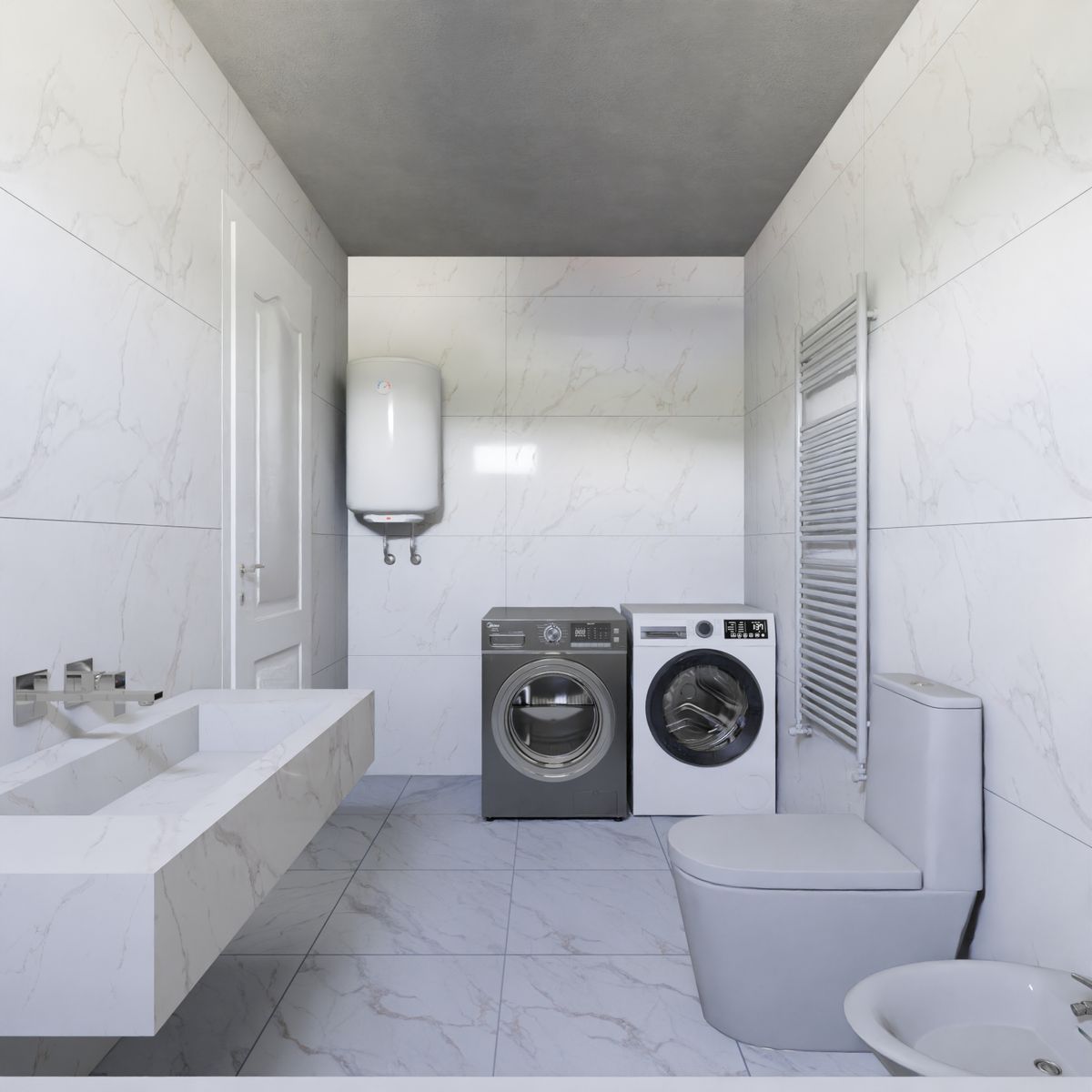 Laundry room with washer, dryer and water heater, the plumbing arrangement that determines whether hot water is hard and cold water soft