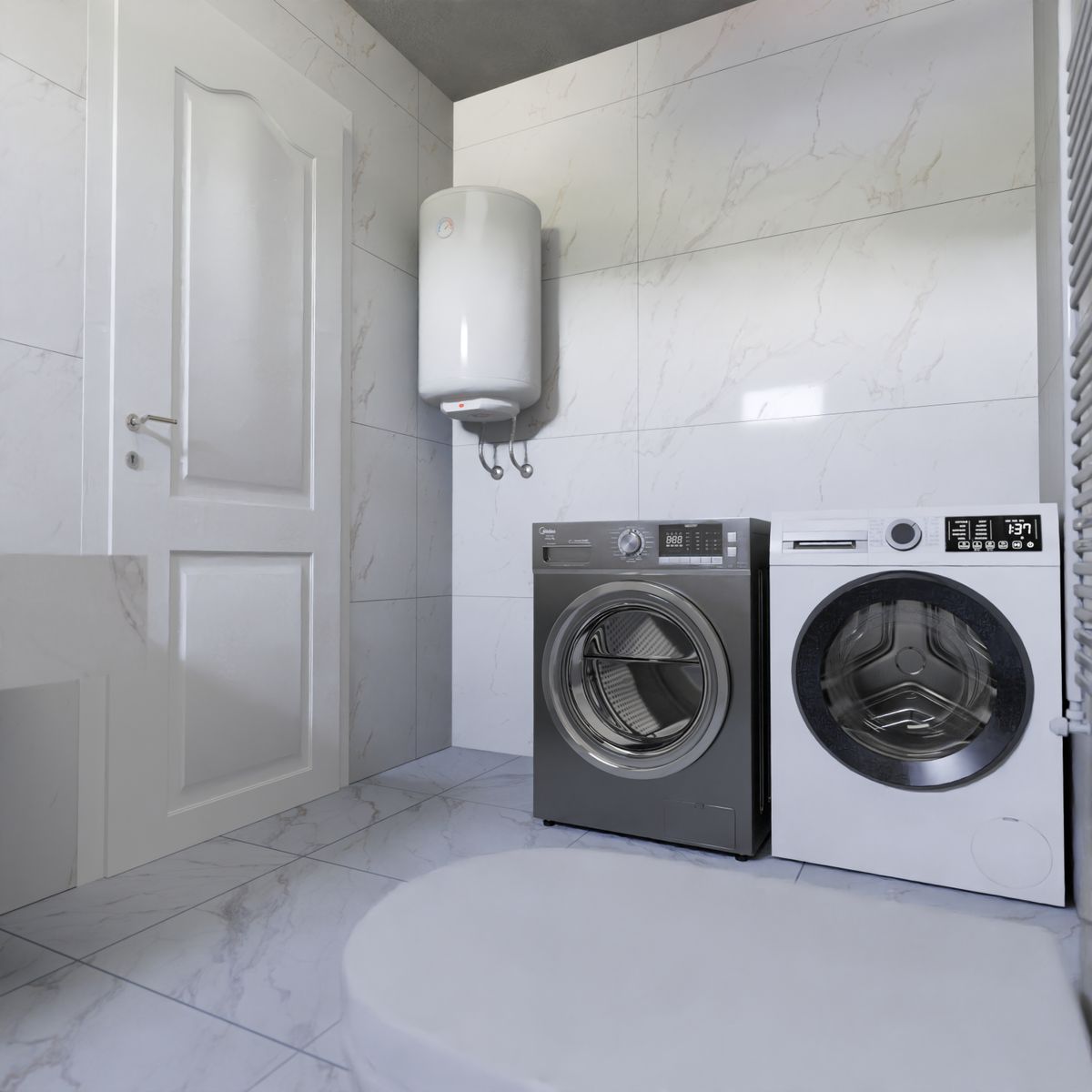 Storage water heater and laundry appliances in a tiled utility room where hard water sediment in water heater tanks accumulates