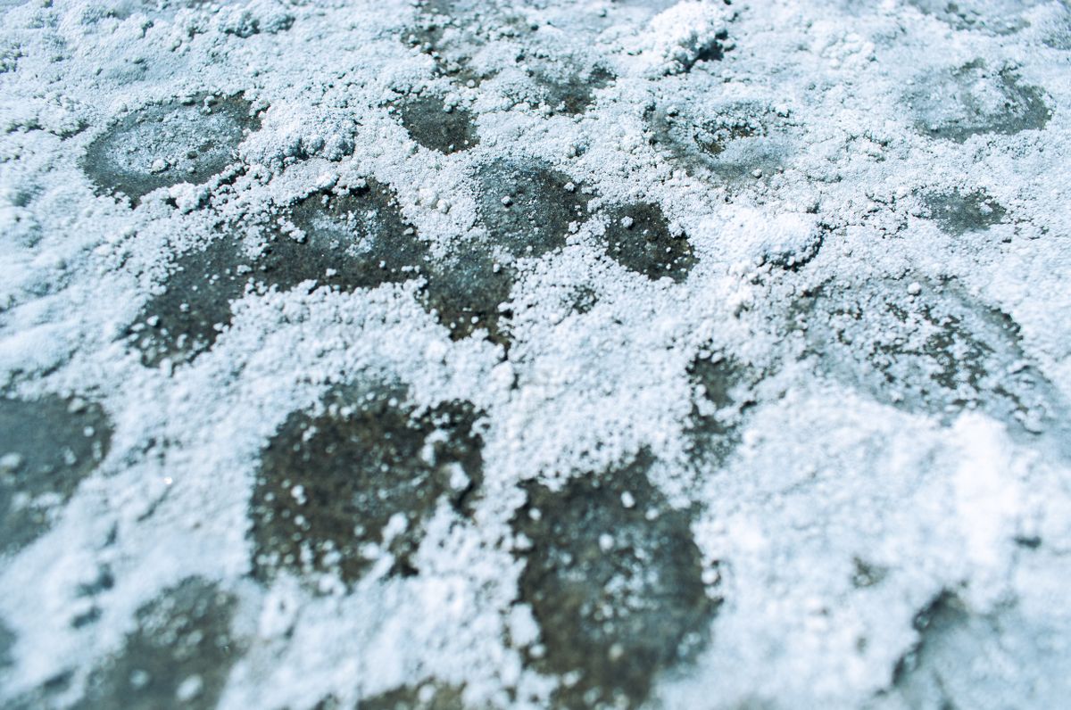 Textured crust of white mineral deposits forming a dense surface layer, the appearance of a resin bed that has cemented rather than remaining loose