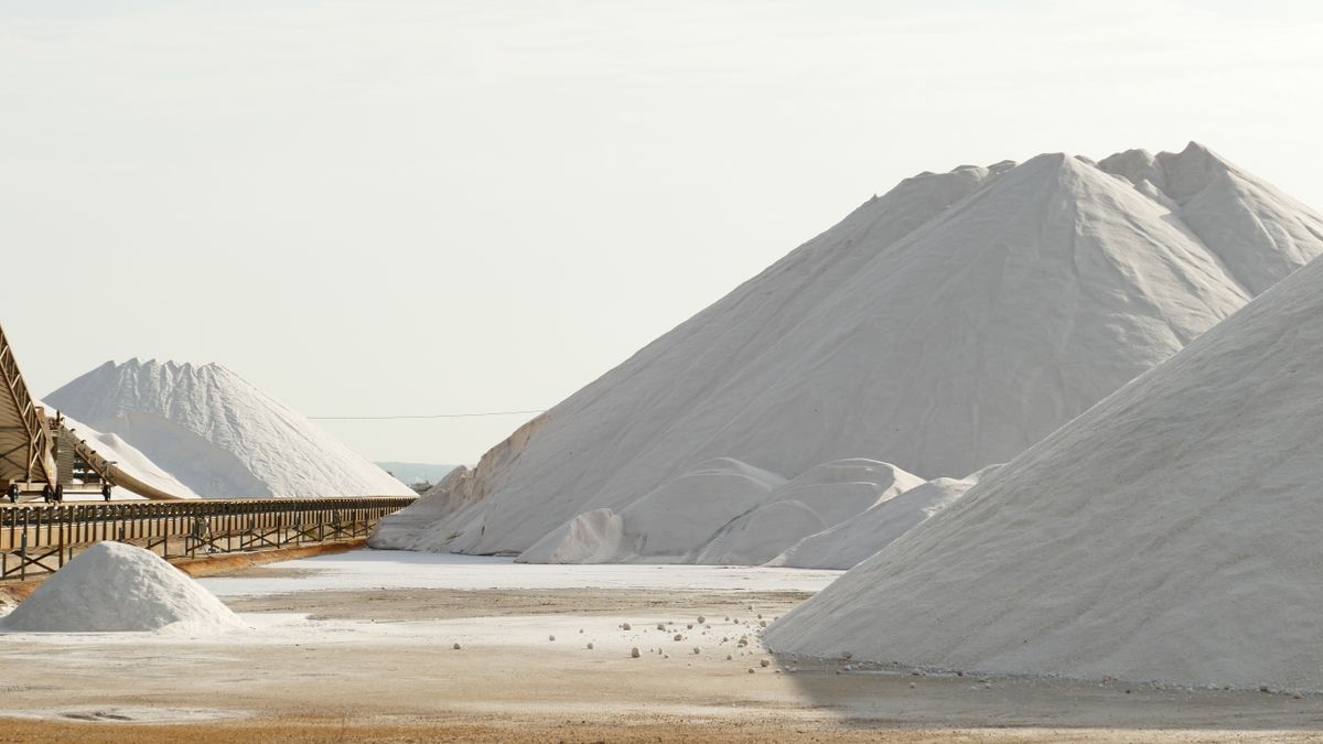 White stockpiles of solar salt beside a conveyor at an open-air salt works, where brine is evaporated by sun and wind