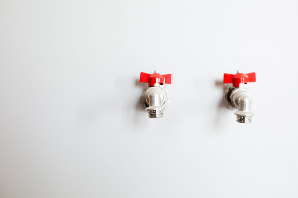 Two wall-mounted taps with red handles, representing the branch pipework that decides which fixtures receive softened water