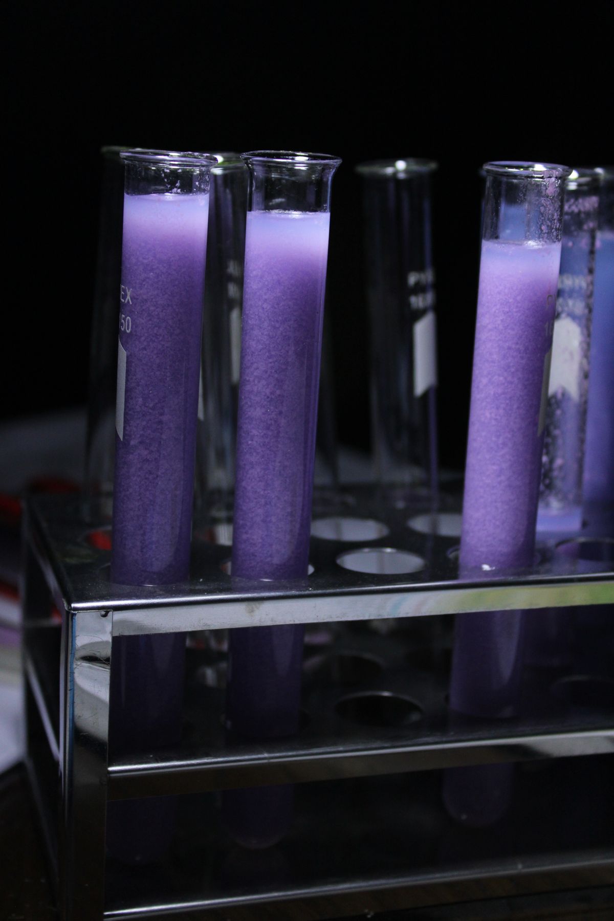 Test tubes of purple solution lined up for side-by-side chemical analysis, like running several water samples through a hardness comparison