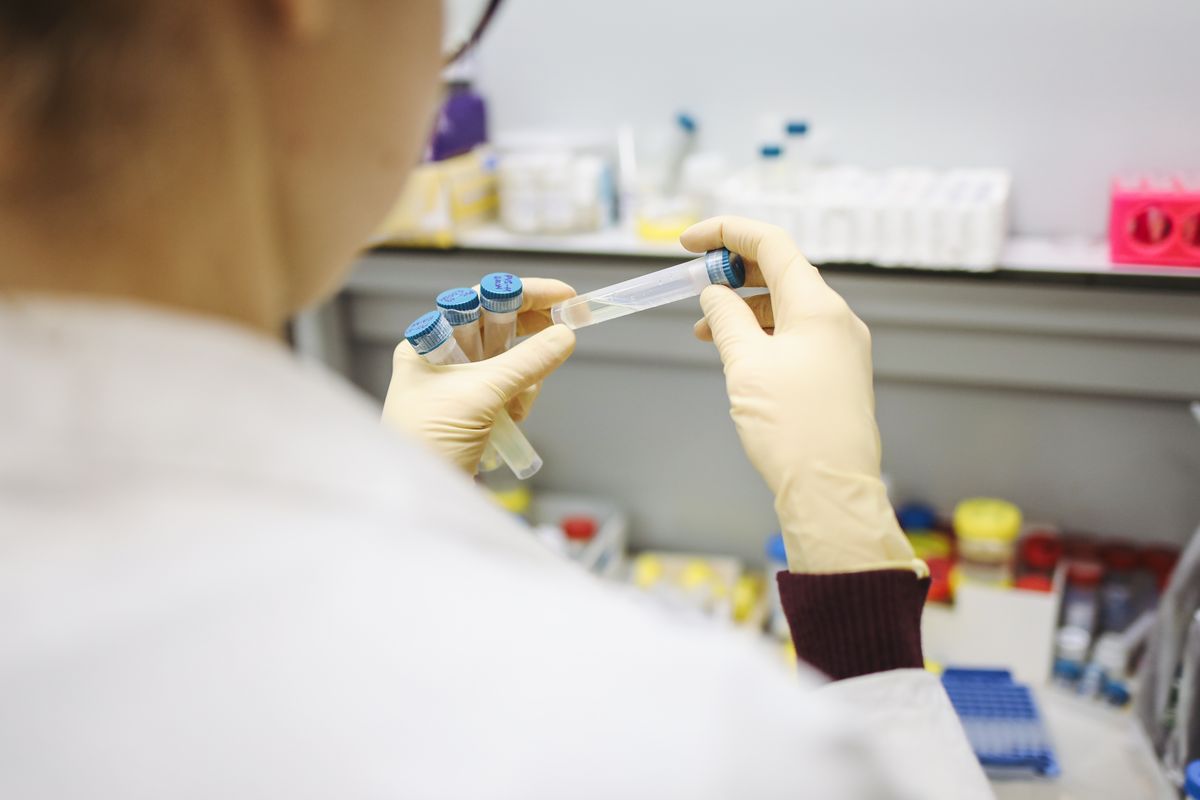 Laboratory technician in gloves examining labelled water sample tubes, the follow-up bacteria test that confirms a well UV system is working