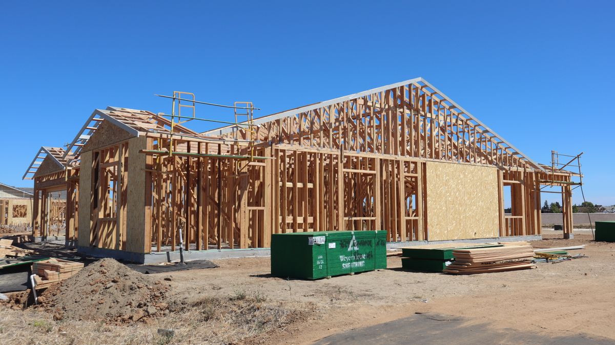 Timber-framed single-story house under construction with open stud walls, roof trusses and scaffolding on a sunny day