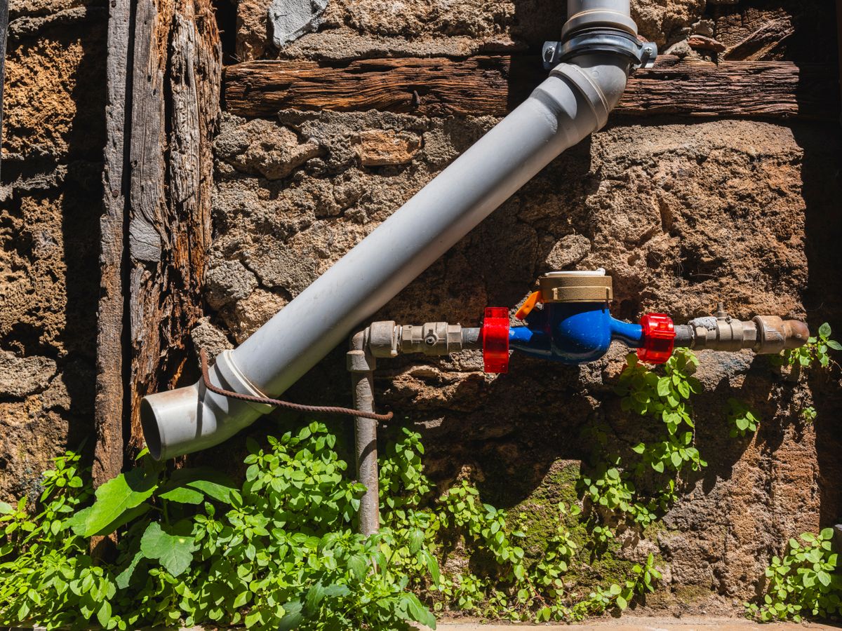 Water meter on a pipe against a stone wall with red shutoff valves on both sides, the kind of isolation valve layout that lets a softener bypass be serviced without draining the house