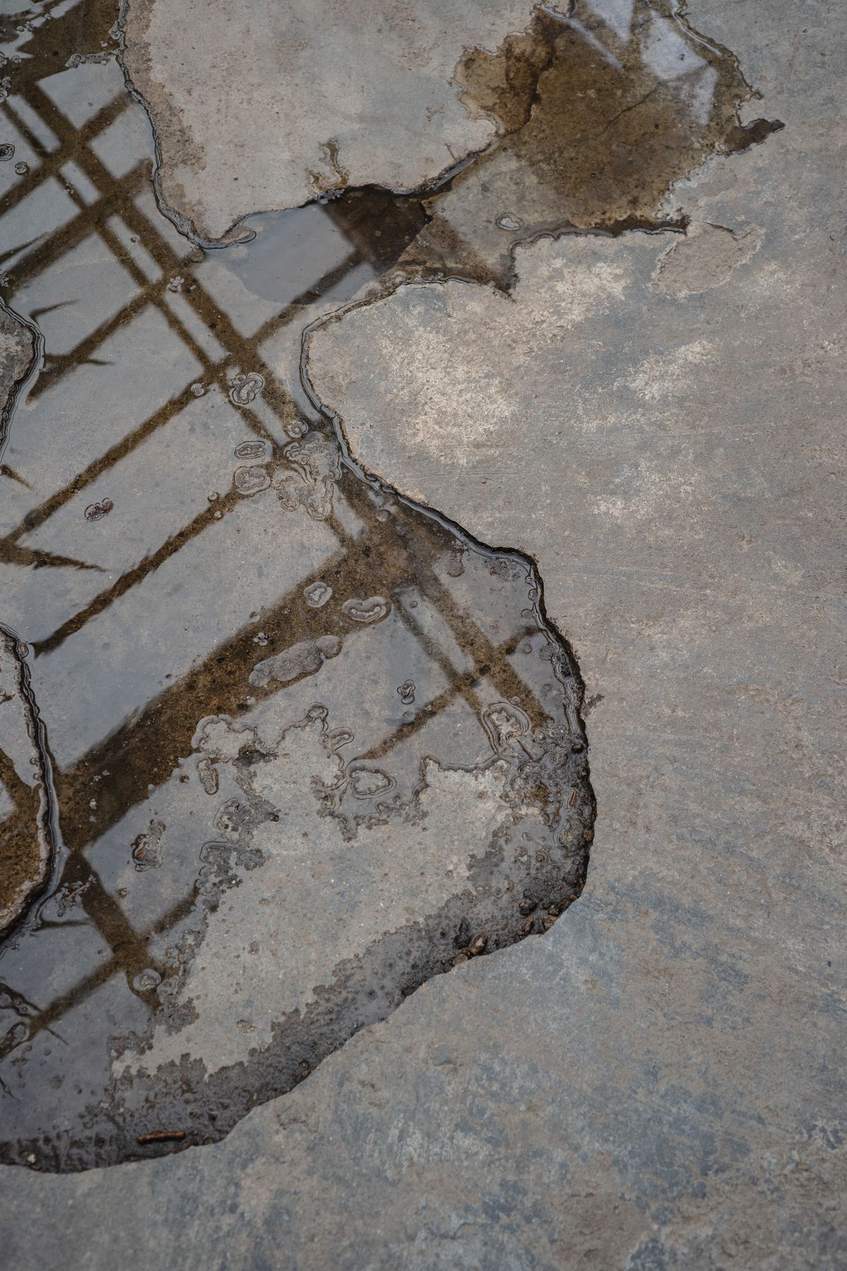 Puddle of water spreading across a bare concrete floor, the kind of spill an overflowing water softener brine tank leaves in a basement