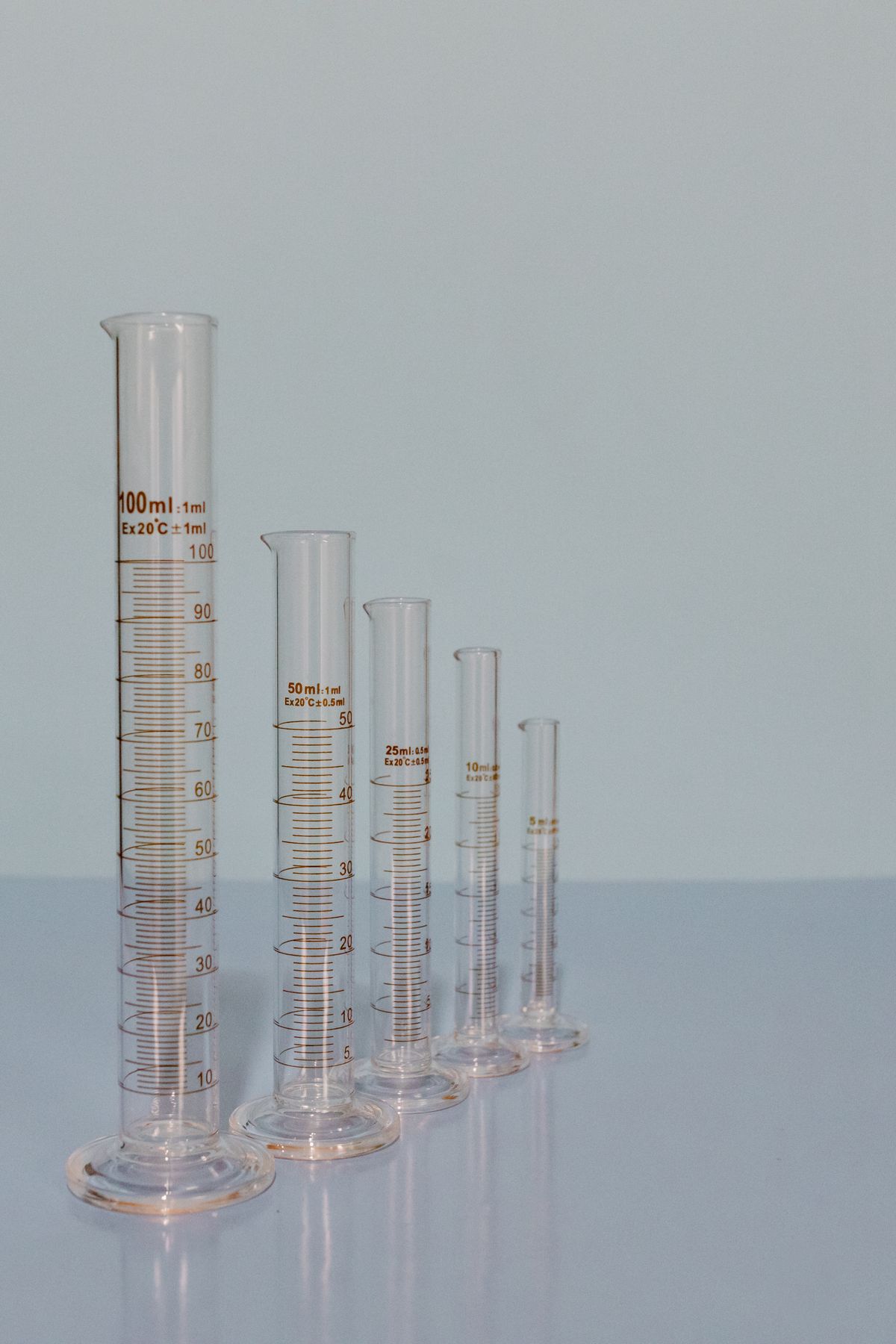 Five glass graduated cylinders of decreasing size lined up on a lab bench, representing the different water hardness units such as grains per gallon and ppm