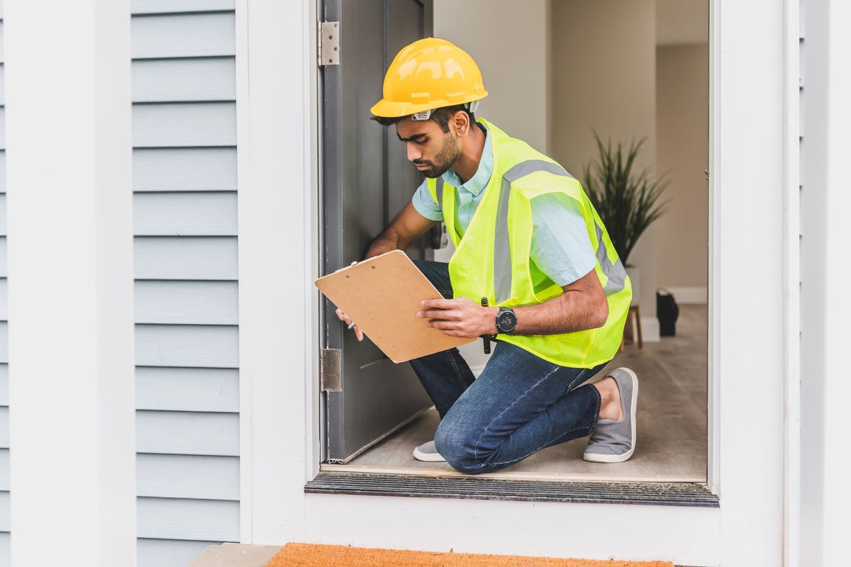 Home inspector in a hard hat and high-visibility vest kneeling at a front door with a clipboard, checking a house during an inspection