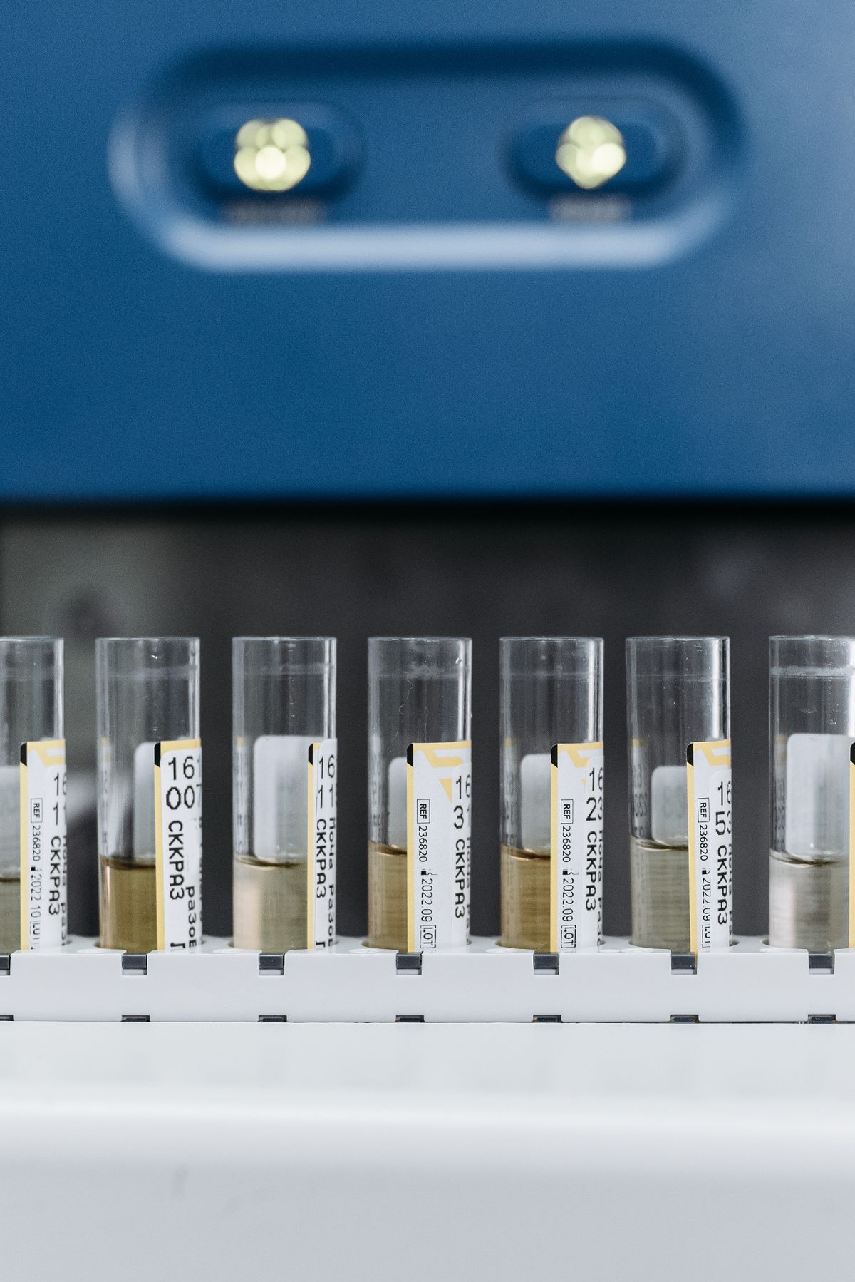 Rack of labelled laboratory test tubes, representing the full well water panel that accompanies a hardness result