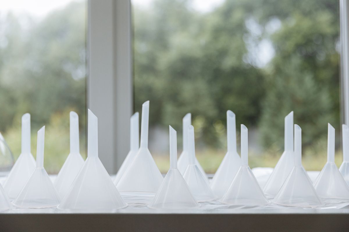 Row of white plastic funnels on a windowsill, the wide-mouth type used to pour replacement water softener resin into a mineral tank without spilling beads into the riser tube