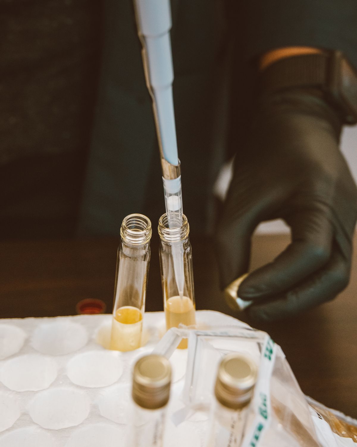 Gloved hand pipetting a water sample into test tubes in a laboratory, the lab analysis a well owner needs before choosing whole-house treatment