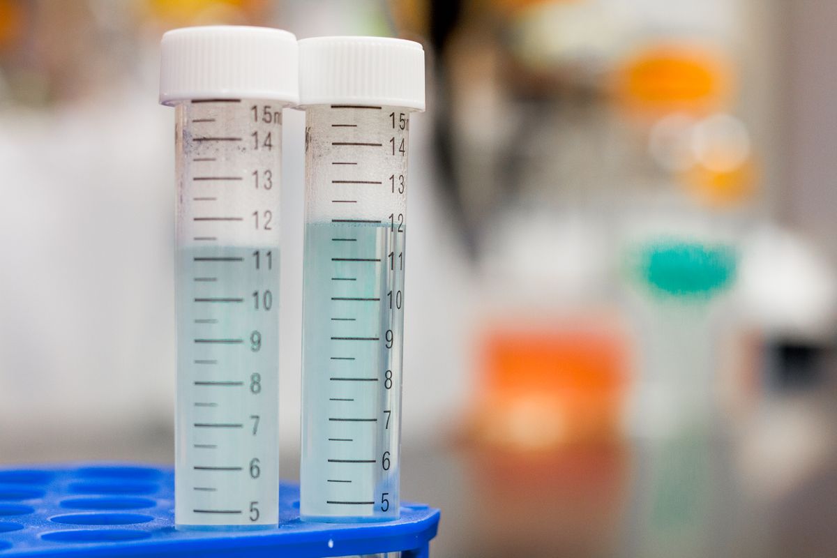 Two capped sample tubes of clear water standing in a blue rack, ready for laboratory testing